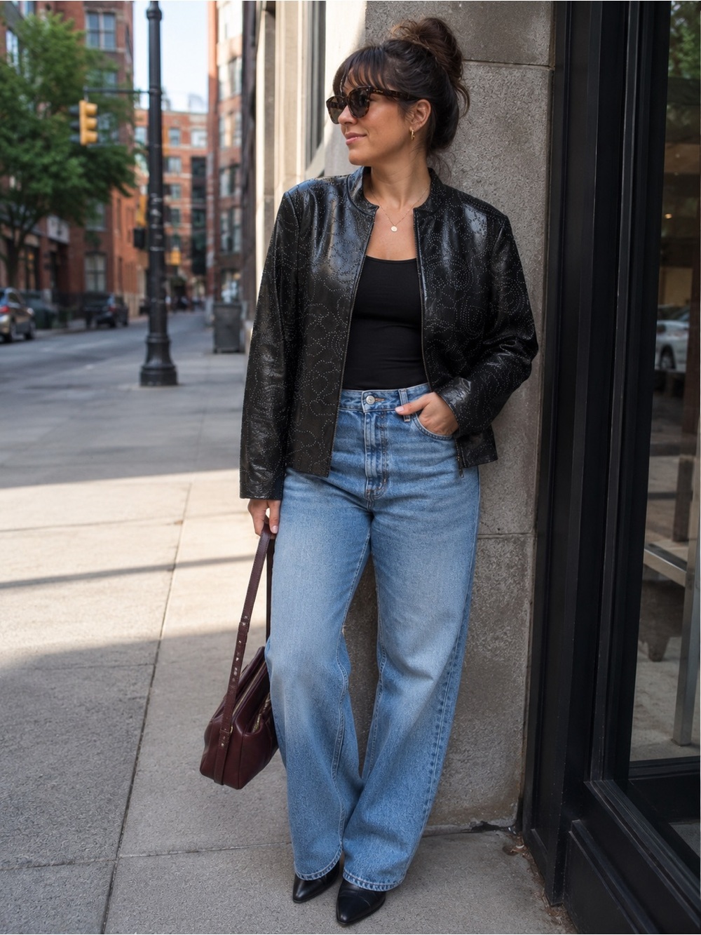 Black Women's Leather Jacket - Classic Zip Bomber